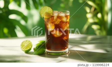 A glass of Long Island iced tea with lime and limes on the side. A glass of Long Island iced tea with lime and limes on the side. 119996224