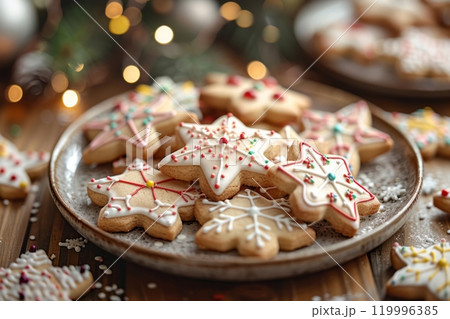 A festive plate of star-shaped Christmas cookies, adorned with colorful icing and sprinkles, is beautifully arranged on a table with holiday ornaments, adding to the joyful atmosphere 119996385