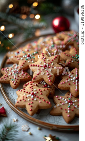 A delightful display of Christmas cookies shaped like stars, decorated with vibrant icing and sprinkles, rests on a table adorned with holiday ornaments, embodying the festive spirit 119996386