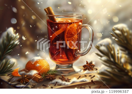 A close-up illustration of a glass of Christmas mulled wine with a cinnamon stick, orange slice, cloves, and an evergreen sprig, surrounded by festive decorations in a winter nature setting 119996387