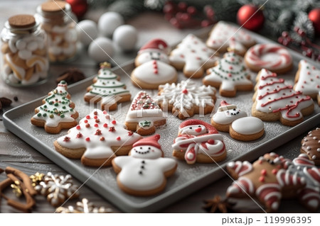 A close-up of a variety of beautifully decorated Christmas cookies, including snowflakes, candy canes, and snowmen, featuring detailed frosting and sparkling edible glitter 119996395