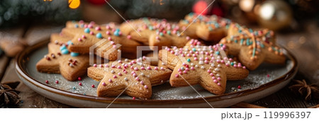 On a cheerful table filled with holiday ornaments, a plate of colorful star-shaped Christmas cookies stands out, showcasing joyful decorations and the essence of the season On a cheerful table filled with holiday ornaments, a plate of colorful star-shaped Christmas cookies stands out, showcasing joyful decorations and the essence of the season 119996397