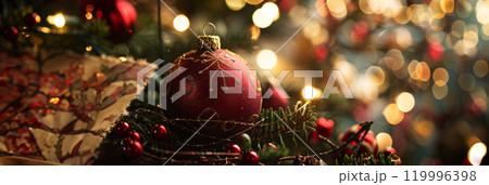 Bright ornaments and lush Christmas tree branches creating a natural and festive banner for holiday designs Bright ornaments and lush Christmas tree branches creating a natural and festive banner for holiday designs 119996398