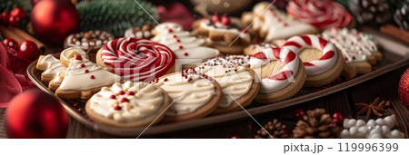 A festive close-up captures a range of Christmas cookies, from snowflakes to candy canes and snowmen, all meticulously decorated with colorful frosting and glitter for a joyful holiday treat, banner A festive close-up captures a range of Christmas cookies, from snowflakes to candy canes and snowmen, all meticulously decorated with colorful frosting and glitter for a joyful holiday treat, banner 119996399