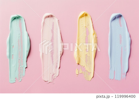Five distinct skincare product samples are displayed in vertical stripes, each offering a different color and texture, allowing for a visual comparison of the formulas 119996400