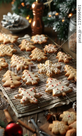 In a warm kitchen, a tray of delicious Christmas cookies cools on a rack, accompanied by baking supplies and festive decorations, creating a joyful holiday atmosphere In a warm kitchen, a tray of delicious Christmas cookies cools on a rack, accompanied by baking supplies and festive decorations, creating a joyful holiday atmosphere 119996401