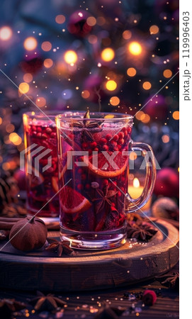 Glasses of steaming mulled wine sit on a wooden table decorated with pine branches, baubles, and delicate snowflakes for a warm and festive holiday setting 119996403