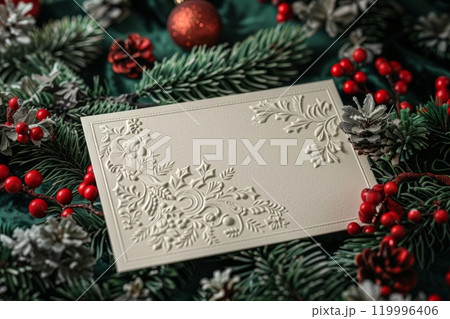 A festive Christmas invitation card placed on a rustic wooden table, surrounded by pine cones, holly, and a warm cup of hot cocoa, evoking holiday coziness 119996406
