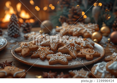 A festive plate of star-shaped Christmas cookies, decorated with colorful icing and sprinkles, is set on a table adorned with holiday ornaments, with a cozy fireplace glowing in the background A festive plate of star-shaped Christmas cookies, decorated with colorful icing and sprinkles, is set on a table adorned with holiday ornaments, with a cozy fireplace glowing in the background 119996414