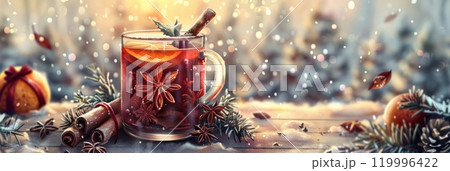 A festive illustration of Christmas mulled wine, detailed with a cinnamon stick, orange slice, and evergreen sprig, surrounded by holiday decor and winter nature scenery, banner 119996422