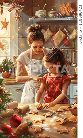 Mother and daughter are joyfully baking gingerbread cookies with festive cookie cutters in a cozy, Christmas-decorated kitchen filled with warmth and cheer Mother and daughter are joyfully baking gingerbread cookies with festive cookie cutters in a cozy, Christmas-decorated kitchen filled with warmth and cheer 119996423