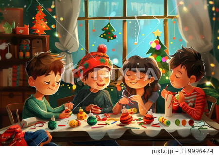 A group of children joyfully sits at a table covered with craft supplies, making handmade Christmas ornaments in a festive and creative environment 119996424
