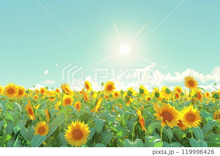 A vibrant field of sunflowers stands tall under a clear sky, radiating warmth and positivity, symbolizing optimism and the beauty of nature 119996426