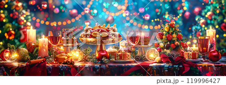 A vibrant Christmas party scene featuring a festive buffet table brimming with holiday treats, inviting friends and family to enjoy the seasonal celebration, banner 119996427