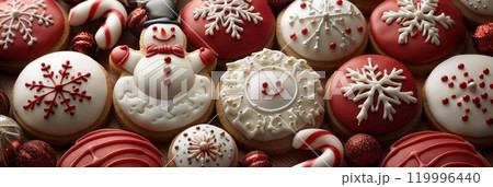 A festive close-up captures a range of Christmas cookies, from snowflakes to candy canes and snowmen, all meticulously decorated with colorful frosting and glitter for a joyful holiday treat, banner 119996440