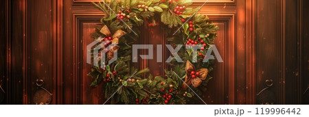 A charming circular garland with red berries, pine cones, and golden ribbons, illuminated by twinkling fairy lights, brings holiday cheer to a rustic wooden door, banner 119996442