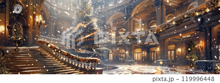 The hotels Christmas atmosphere, with an elegant tree as the centerpiece, lavish decorations, and bright lights, offers a stylish and welcoming space for holiday celebrations, banner 119996448