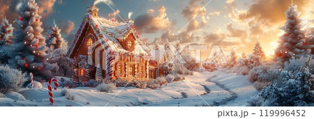 A beautifully crafted Christmas gingerbread house with icing, candy canes, gumdrops, and chocolate tiles, resting in a snowy landscape decorated with festive ornaments, banner 119996452