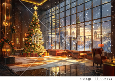 A luxurious hotel hall with floor-to-ceiling windows, showcasing a giant sparkling Christmas tree and a snowy London cityscape in the background 119996453