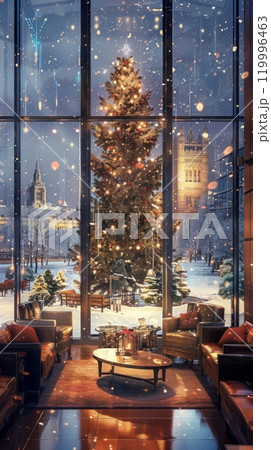 Contemporary hotel lobby adorned with festive decorations, full-wall windows framing snowfall over London streets and a grand Christmas tree 119996463