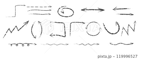 Curved arrows drawn with a brush in grunge style. Curved and wavy brush strokes , chalk, pencil. Directional arrows, chalk arrow set. Vector doodle illustration Curved arrows drawn with a brush in grunge style. Curved and wavy brush strokes , chalk, pencil. Directional arrows, chalk arrow set. Vector doodle illustration 119996527