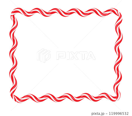Christmas twisted lollipops. Rectangular wavy frame with red and white stripe. Christmas and New Year template for holiday cards, banner,flyer . Festive Christmas frame. Vector illustration Christmas twisted lollipops. Rectangular wavy frame with red and white stripe. Christmas and New Year template for holiday cards, banner,flyer . Festive Christmas frame. Vector illustration 119996532