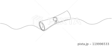 Continuous single line drawn, certificate or diploma with award badge . Single line drawn badge academic scroll paper,. Vector illustration. Continuous single line drawn, certificate or diploma with award badge . Single line drawn badge academic scroll paper,. Vector illustration. 119996533