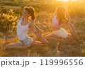 Young beautiful women gymnasts doing exercises on the grass against the sunset 119996556