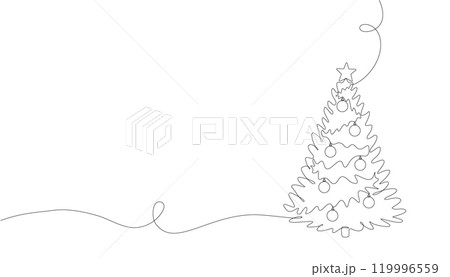 Continuous single line drawing of Christmas tree. 2022, Christmas and New Year. Simple single line Christmas card design element. Vector illustration. 119996559