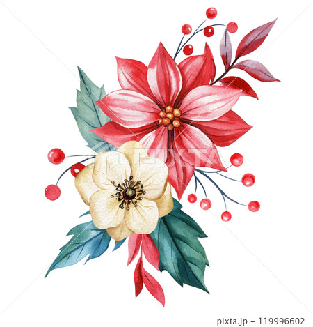 Watercolor Christmas flowers arrangement with holly berries branches and leaves isolated white background, Winter decor 119996602