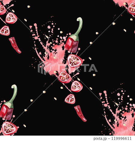 Seamless pattern of sliced peppers in juicy spots. Watercolor illustration on a black background of hot peppers for packaging design, kitchen accessories, textiles and clothing 119996611