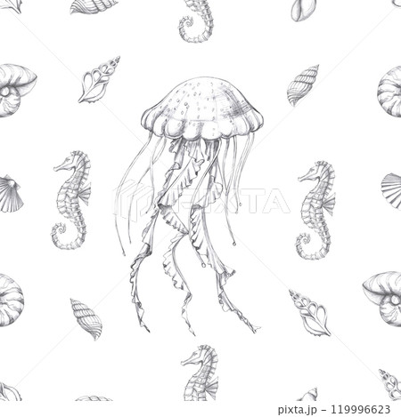 Seamless pattern with jellyfish and seahorse on white background. Pencil graphic illustration for seafood restaurant design, packaging printing, printing, holiday decoration in marine style 119996623