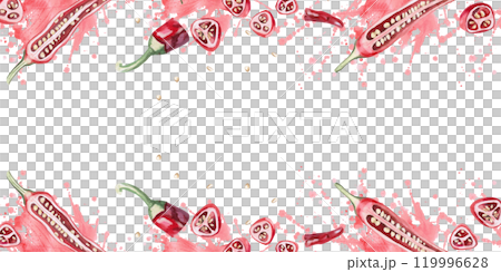 Rectangular frame with sliced pepper pieces and seeds. Hand drawn isolated watercolor vegetable illustration for tableware design, posters, cookbook illustration, tablecloth print Rectangular frame with sliced pepper pieces and seeds. Hand drawn isolated watercolor vegetable illustration for tableware design, posters, cookbook illustration, tablecloth print 119996628