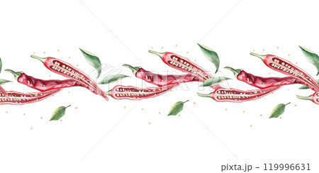 Seamless border with peppers sliced lengthwise. Hand drawn isolated watercolor illustration of vegetables for tableware design, posters, cookbook illustration, tablecloth print Seamless border with peppers sliced lengthwise. Hand drawn isolated watercolor illustration of vegetables for tableware design, posters, cookbook illustration, tablecloth print 119996631