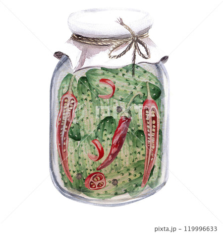 Jar of pickled cucumbers with hot peppers. Hand drawn isolated watercolor illustration of vegetables for tableware design, posters, cookbook illustration 119996633