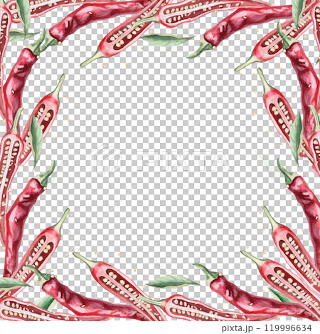 Square frame of sliced peppers. Hand drawn isolated watercolor illustration of vegetables for tableware design, posters, cookbook illustration, fabric and clothing printing Square frame of sliced peppers. Hand drawn isolated watercolor illustration of vegetables for tableware design, posters, cookbook illustration, fabric and clothing printing 119996634