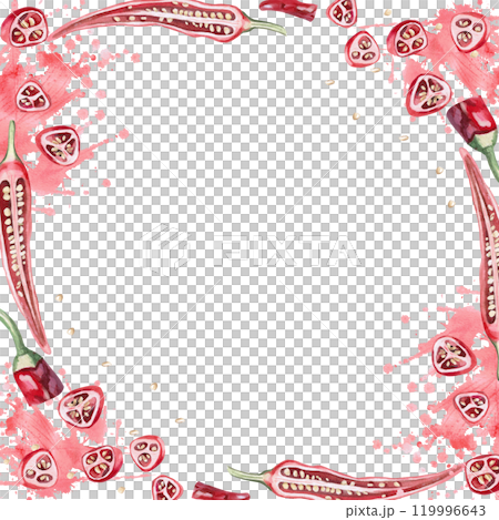 Square frame of sliced peppers in juicy splashes. Hand drawn isolated watercolor illustration of vegetables for tableware design, posters, cookbook illustration, fabric and clothing printing Square frame of sliced peppers in juicy splashes. Hand drawn isolated watercolor illustration of vegetables for tableware design, posters, cookbook illustration, fabric and clothing printing 119996643