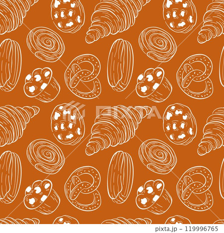 Seamless pattern of various bakery like croissant, pretzel, muffin, and pastry, line art design in white on a warm brown background. Ideal for food packaging, bakery branding and textile Seamless pattern of various bakery like croissant, pretzel, muffin, and pastry, line art design in white on a warm brown background. Ideal for food packaging, bakery branding and textile 119996765