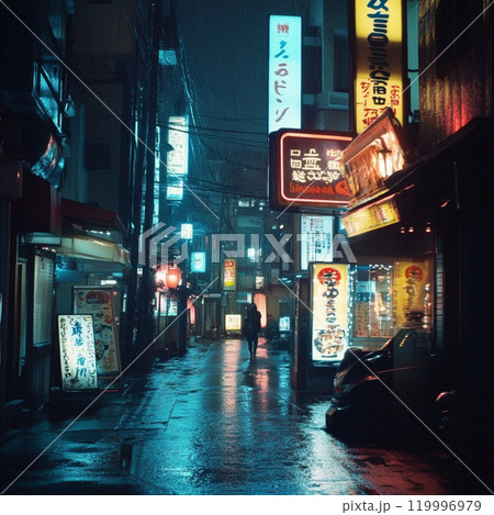 静寂な夜、雨に濡れた東京の裏路地を歩く人影 静寂な夜、雨に濡れた東京の裏路地を歩く人影 119996979