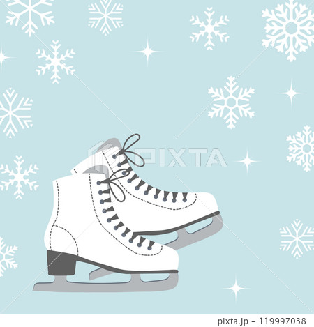 Figure skates on a blue background with snowflakes. Winter sport. Flat illustration, postcard 119997038