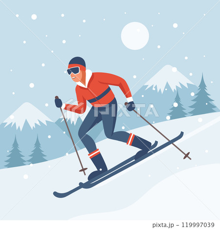 Male character on skis on mountain winter landscape background. Winter sport, outdoor sport activity. Flat illustration Male character on skis on mountain winter landscape background. Winter sport, outdoor sport activity. Flat illustration 119997039
