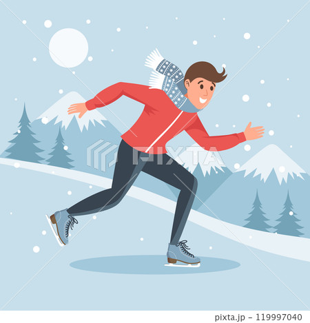 Male character skating on ice on winter landscape background. Winter sport, outdoor sport activity. Flat illustration Male character skating on ice on winter landscape background. Winter sport, outdoor sport activity. Flat illustration 119997040