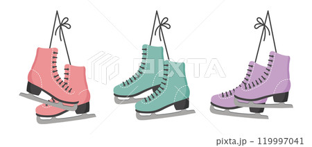 Set of hanging ice skates on white background. Figure skating icons. Ice skates icons for winter sports. Flat illustration 119997041
