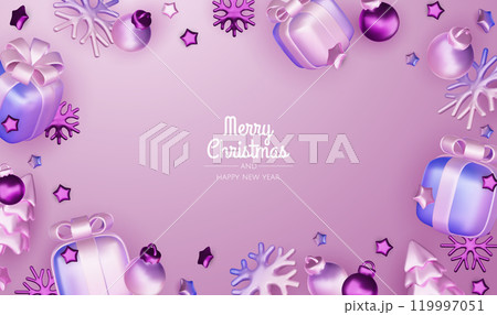Happy New Year and Merry Christmas. Christmas holiday background with realistic 3d objects, violet and white bauble balls, conical metal stars, gift. Levitation falling design composition. 119997051