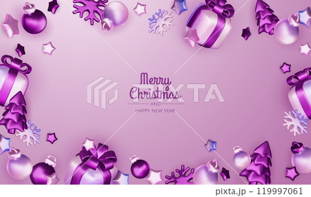 Merry Christmas and happy new year background. Christmas tree, Gift boxes, Christmas balls. Christmas element for web, banners, greeting card, template design. 119997061