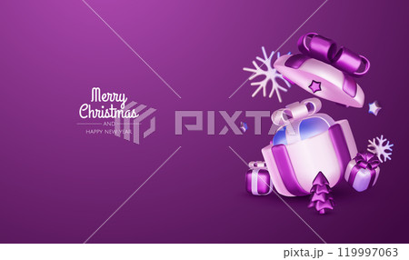 Merry Christmas and happy new year background. Christmas tree, Gift boxes, Christmas balls. Christmas element for web, banners, greeting card, template design. 119997063