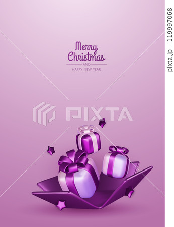 Happy New Year and Merry Christmas 2025. Christmas tree, Gift boxes, Christmas balls. Greeting card. Vector 3d rendering. Happy New Year and Merry Christmas 2025. Christmas tree, Gift boxes, Christmas balls. Greeting card. Vector 3d rendering. 119997068
