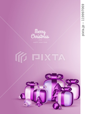 Happy New Year and Merry Christmas. Christmas holiday background with realistic 3d objects, violet and white bauble balls, conical metal stars, gift. Levitation falling design composition. 119997069