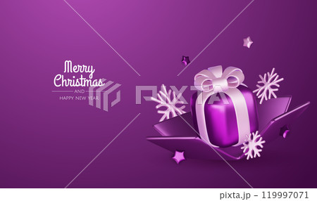 Happy New Year and Merry Christmas 2025. Christmas tree, Gift boxes, Christmas balls. Greeting card. Vector 3d rendering. Happy New Year and Merry Christmas 2025. Christmas tree, Gift boxes, Christmas balls. Greeting card. Vector 3d rendering. 119997071