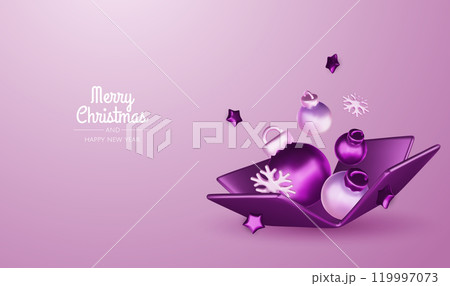 Happy New Year and Merry Christmas. Christmas holiday background with realistic 3d objects, violet and white bauble balls, conical metal stars, gift. Levitation falling design composition. 119997073